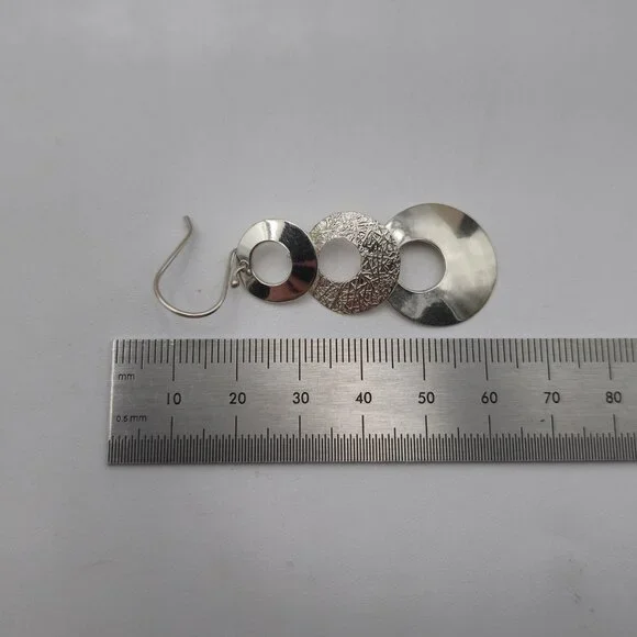 950 Silver Bright Tiered Circles Dangle Earrings A3493 - Picture 4 of 5